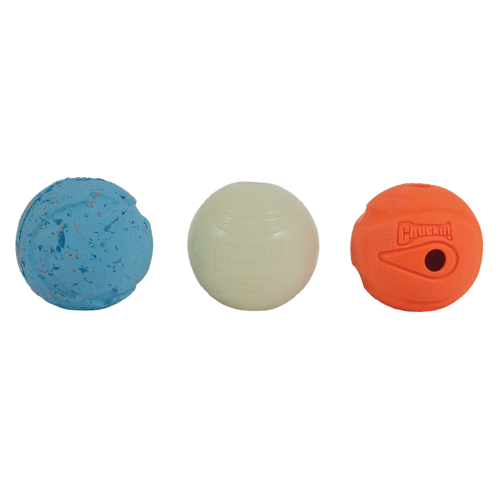 In a playful row, the Chuckit Medium Fetch Medley Dog Ball Set from Chuckit displays three dog balls: a blue speckled one on the left, a Max Glow Ball in the center, and an orange one with the brand logo on the right.
