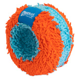 The Chuckit! Indoor Roller Dog Toy, by Chuckit, is round and fluffy with an orange and blue textured surface, featuring the Chuckit! Fetch Games label on the blue section. Ideal for indoor play, it uses Bounceflex Core Technology for safer, more engaging fun.