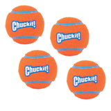Four Chuckit! Tennis Balls for Dogs, bright orange with blue stripes and Chuckit! logos, are crafted from durable material and arranged against a plain white background.