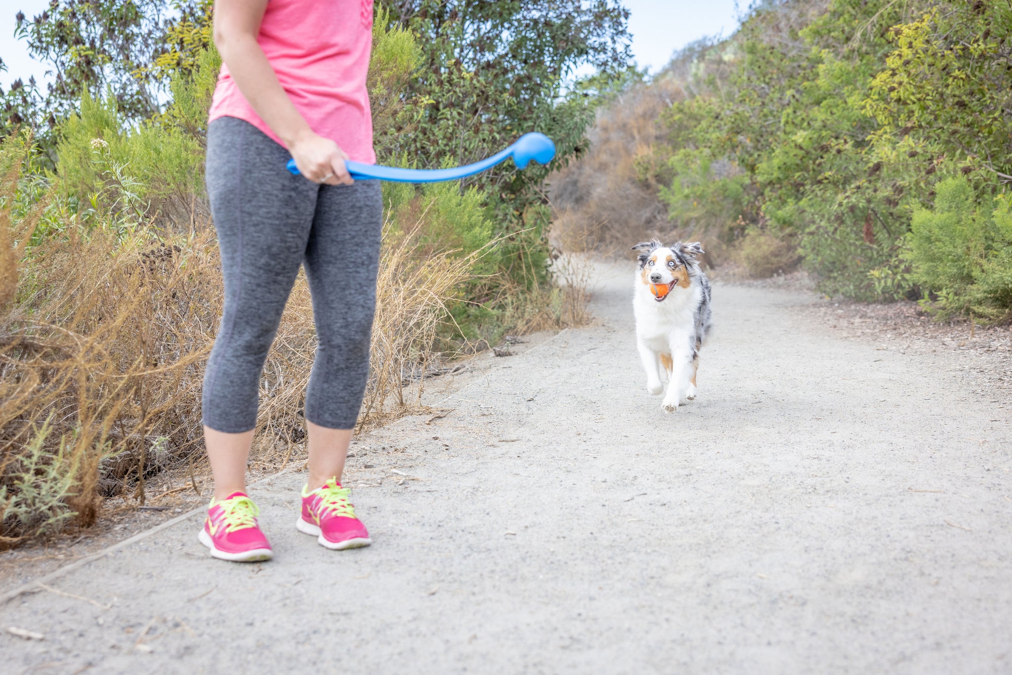 A woman holds the Chuckit! Classic Dog Ball Launcher & Fetch Medley Bundle, ready for her playful dog.