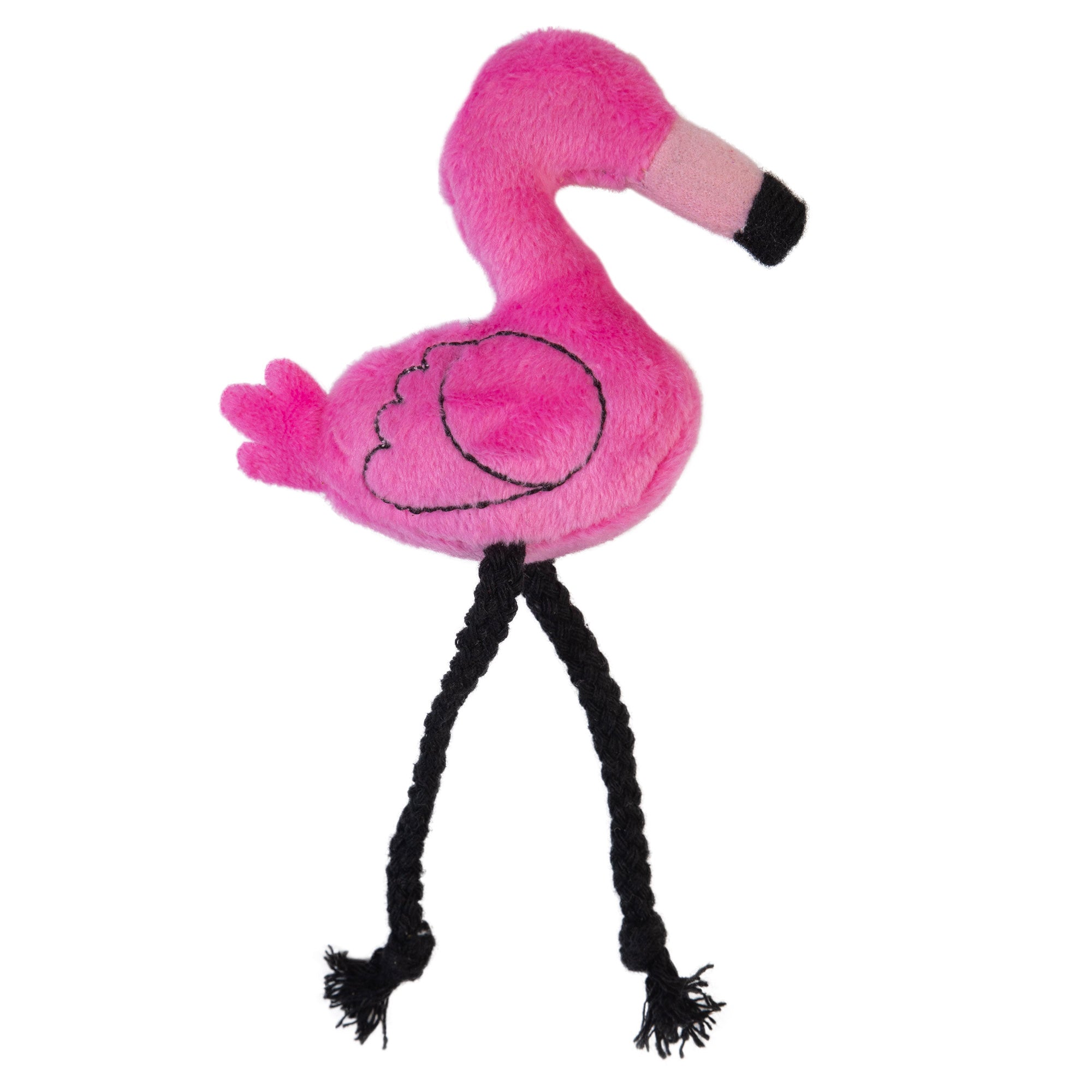 The Mad Cat Flingin Flamingo Catnip & Silvervine Cat Toy by Mad Cat is a plush pink flamingo featuring a black beak, embroidered wings, and silvervine for extra cat appeal. It has braided black rope legs with frayed tassels, mimicking flamingo legs—an ideal whimsical toy for cats.