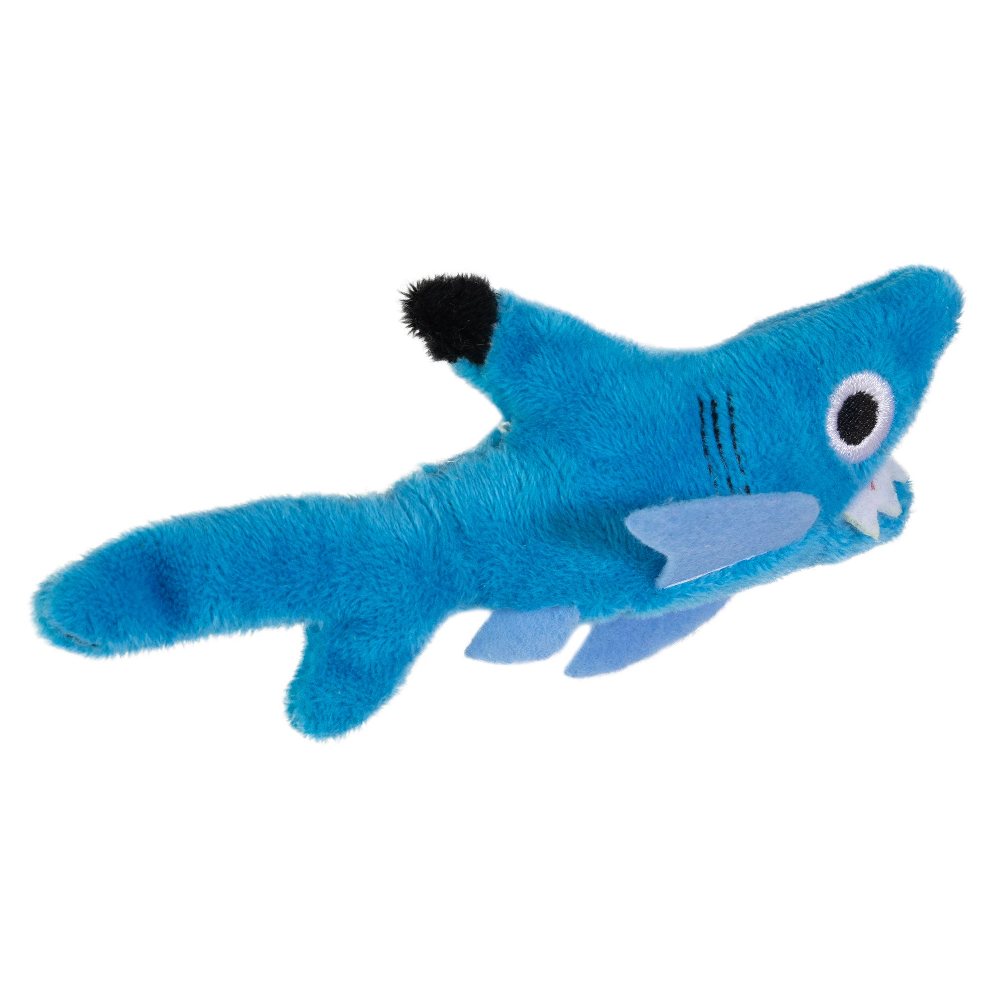 The Mad Cat Shark Biter Catnip & Silvervine Cat Toy is a fun plush shaped like a playful blue shark with exaggerated features, including a big eye. Made of soft, fuzzy fabric with felt fins and teeth, its infused with catnip to ensure endless feline delight.