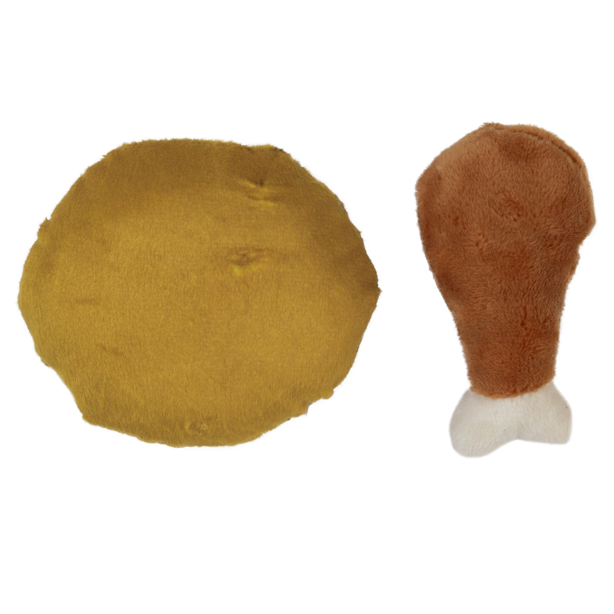 The Mad Cat Chicken and Waffles Twin Pack Catnip & Silvervine Cat Toy includes two soft, fuzzy toys: one resembling a round cookie and the other a drumstick. Infused with catnip, these enticing food-shaped toys spark your feline friends playful instincts.