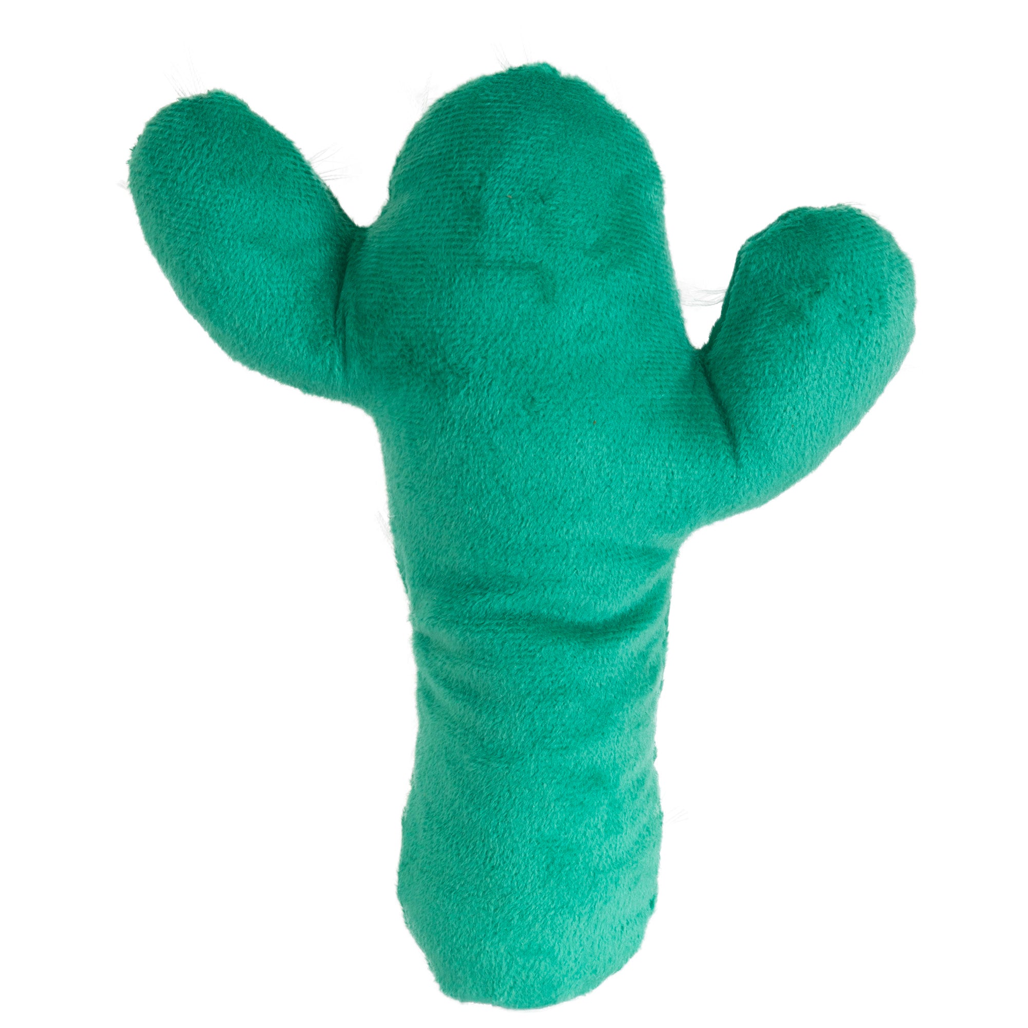 The Mad Cat Big Cactus Kicker, a green plush toy shaped as a cactus with raised arms, is infused with catnip and Silvervine for the perfect feline playtime. Displayed on a white background, its invitingly smooth fabric ensures endless entertainment for cats.