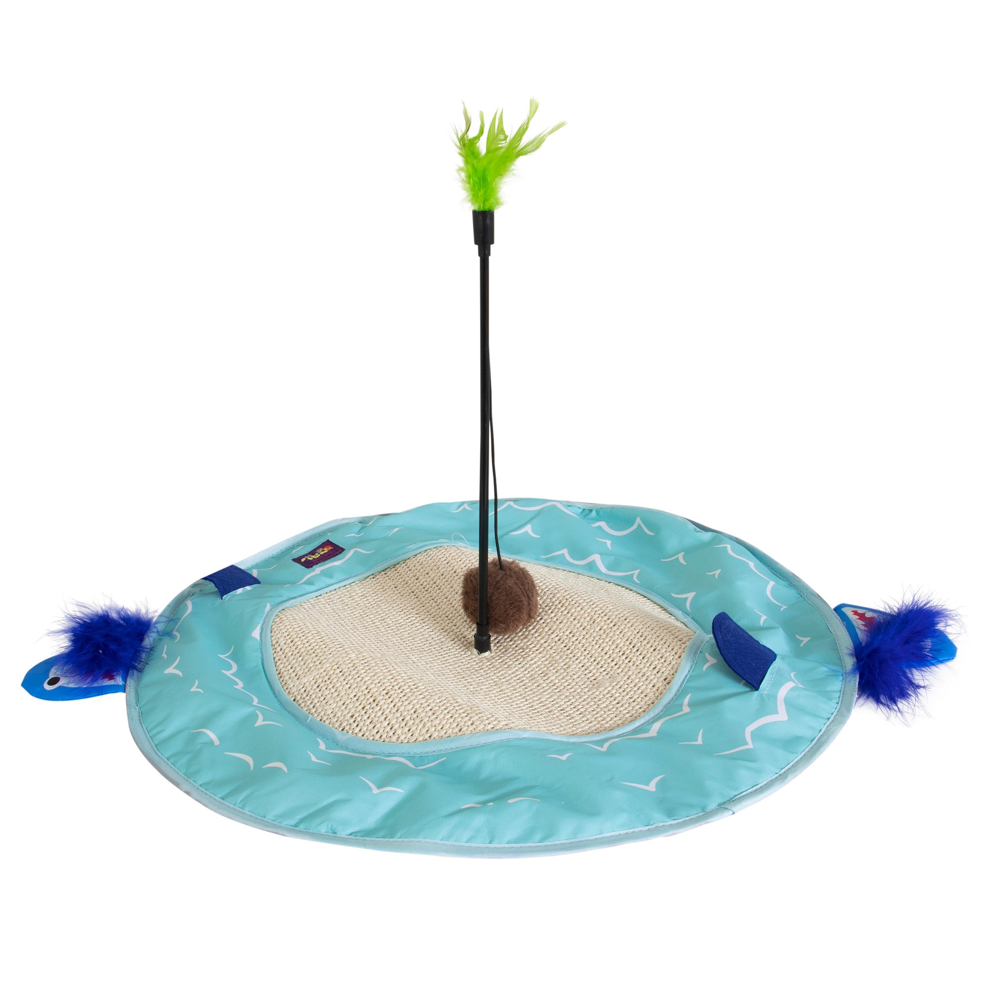 The Mad Cat Desert Island 20 Large Play Mat boasts a teal design with white wave patterns, featuring a central scratch mat and feather wand toy. Two blue plush fish are attached on opposite sides, offering an engaging experience for your cat.