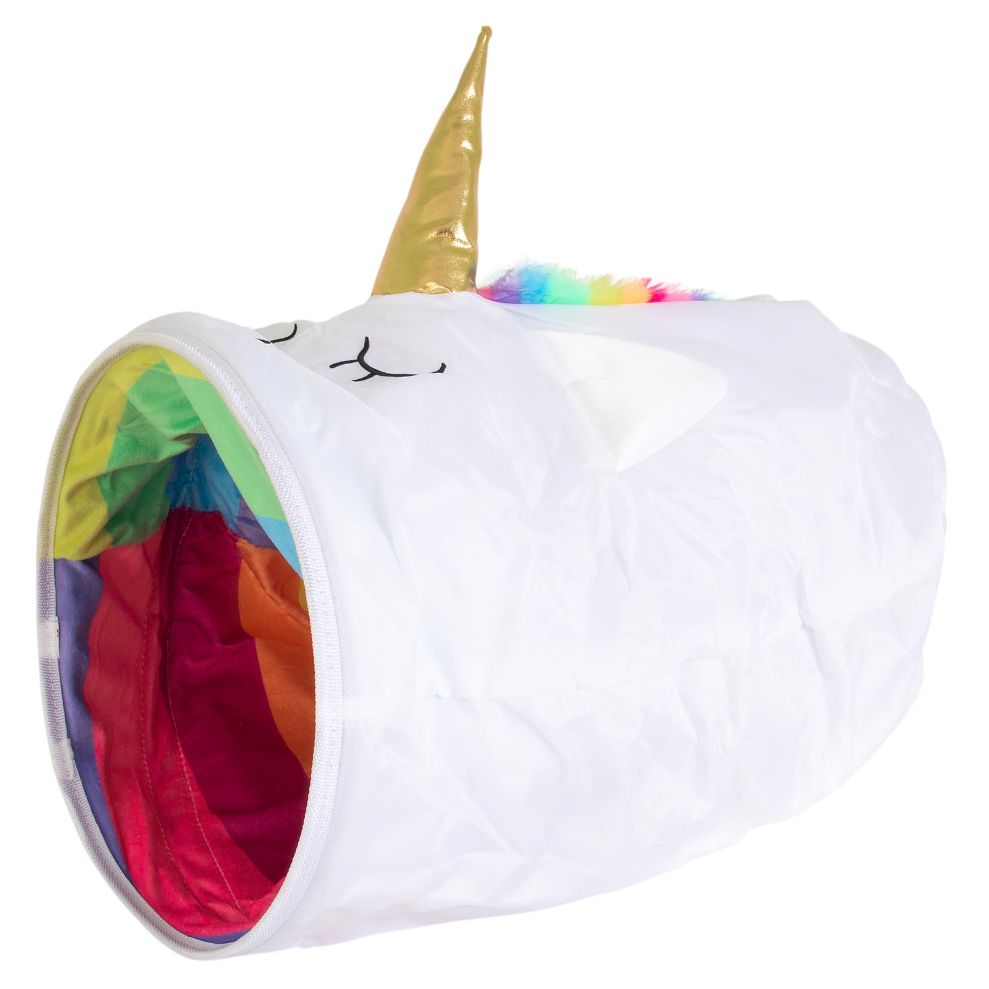 The Mad Cat Mewnicorn Unicorn 38 Play Tunnel is a white cylindrical toy with a golden horn, rainbow interior, and unicorn face, offering a whimsical play space for cats or small pets. Its a colorful and interactive non-toxic pet toy ensuring safe fun.