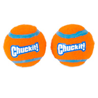 The Chuckit! Tennis Balls for Dogs by Chuckit! are two bright orange, high-bouncing fetch toys with blue stripes and the brand name printed on each, shown against a white background.