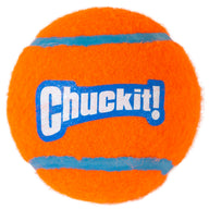 The Chuckit! Tennis Balls for Dogs by Chuckit! are orange with two blue stripes and "Chuckit!" printed on them, designed as high-bouncing fetch toys perfect for dogs.