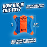Image of the Chuckit! Flying Squirrel toy in blue and orange, designed for small dogs under 20 lbs. The toy is 8.5 inches (21.6 cm), featuring high-visibility colors, durable canvas material, and a fun small animal face design.