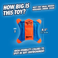 Image of the Chuckit! Flying Squirrel toy in blue and orange, designed for small dogs under 20 lbs. The toy is 8.5 inches (21.6 cm), featuring high-visibility colors, durable canvas material, and a fun small animal face design.