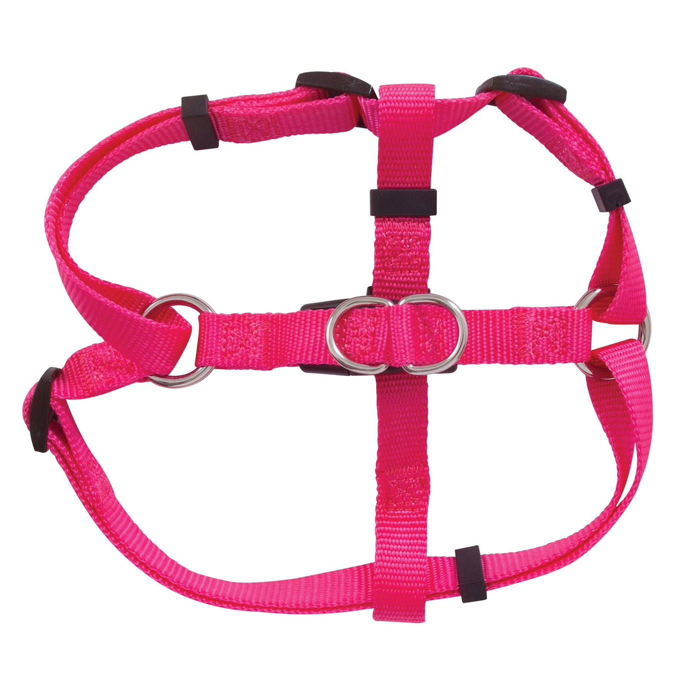 The Petmate Adjustable Standard Step-In Core Harness by Petmate is a bright pink dog harness featuring adjustable straps, metal rings for secure leading, and black plastic buckles for quick and reliable fastening.