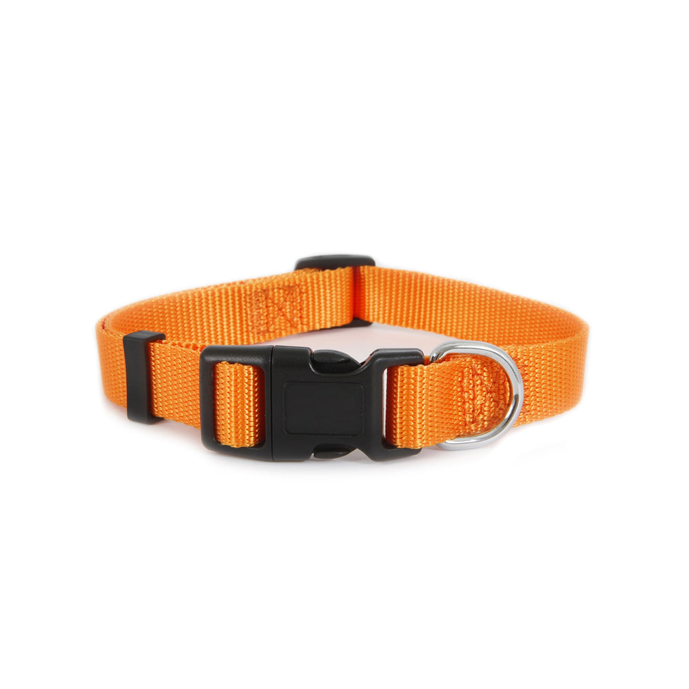 The Ruffmaxx Adjustable Dog Collar by Ruff Maxx is an orange collar made from durable nylon, featuring a black plastic buckle and a metal D-ring for leash attachment.