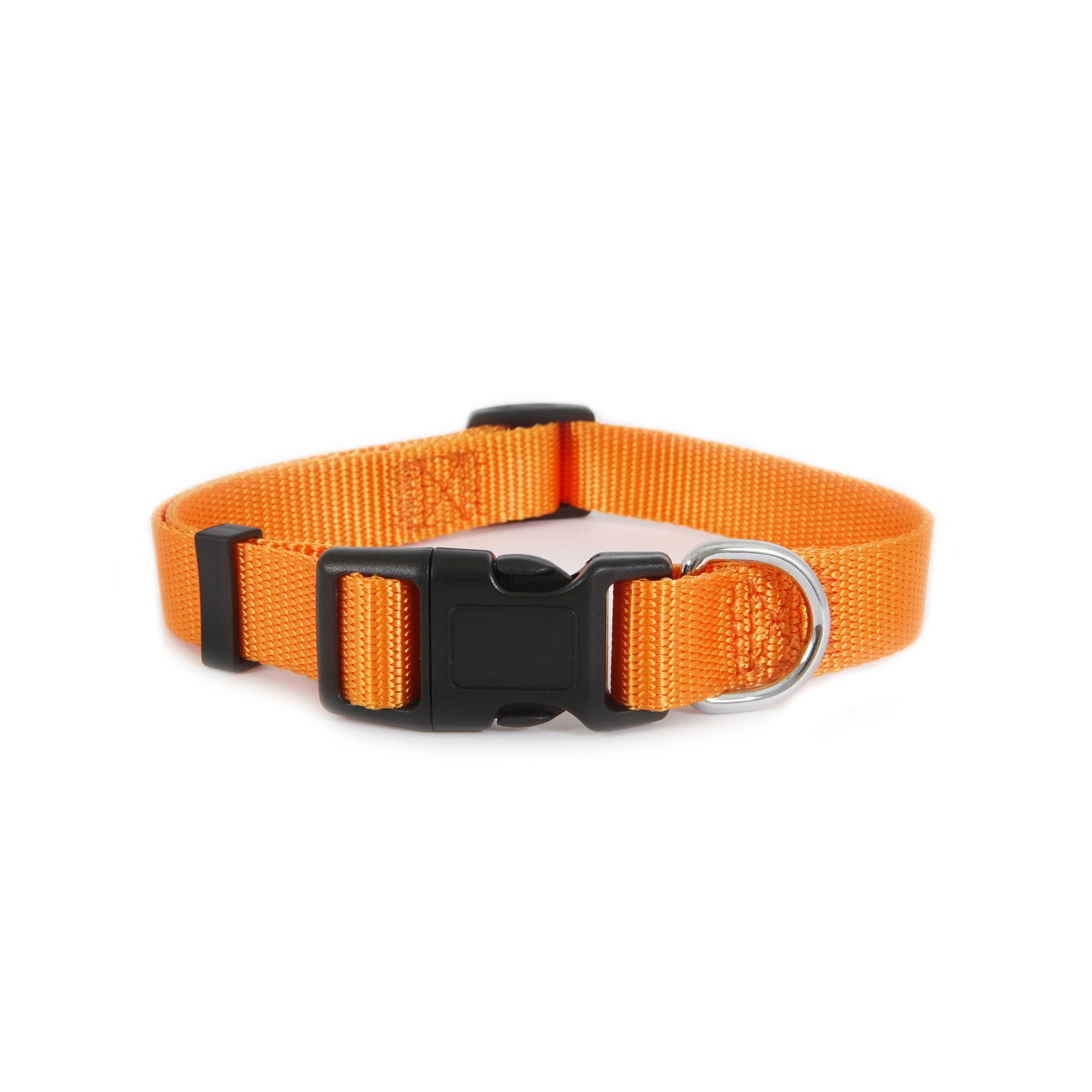 The Ruffmaxx Adjustable Dog Collar by Ruff Maxx is an orange collar made from durable nylon, featuring a black plastic buckle and a metal D-ring for leash attachment.