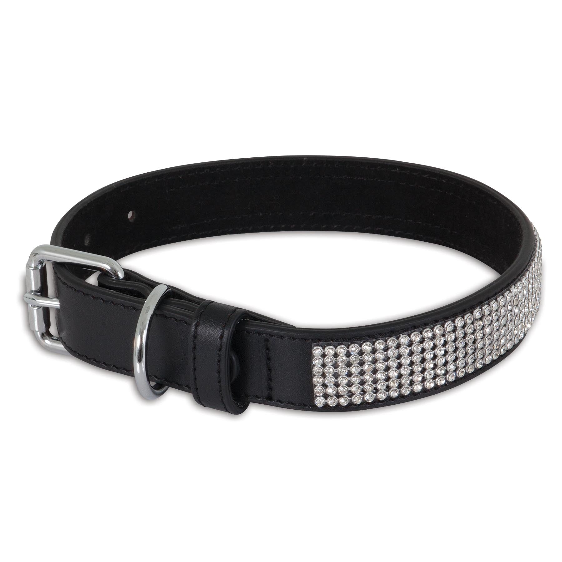 A sleek black leather belt with a silver buckle and shimmering rhinestones, akin to the Petmate Bling Leather Custom Fit Collar.