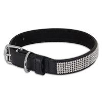 A sleek black leather belt with a silver buckle and shimmering rhinestones, akin to the Petmate Bling Leather Custom Fit Collar.