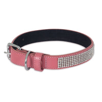 The Petmate Bling Leather Custom Fit Collar is a pink dog collar adorned with rhinestones and a metal buckle, featuring contrasting black leather inside and a loop for easy attachment.
