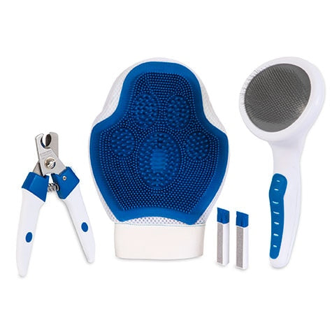 The JW GripSoft Cat Grooming Kit by Jw includes a blue/white rubber grooming glove, sleek slicker pin brush, matching nail clipper, and a white/blue lint brush with handle, complete with two small replaceable lint brush heads for comprehensive pet care.