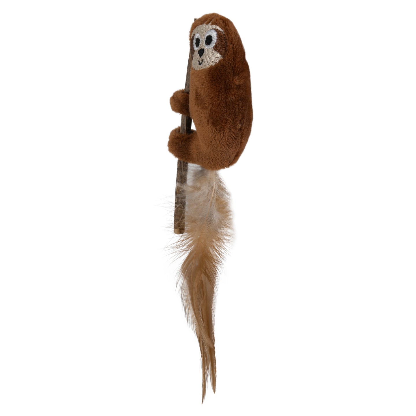 The Mad Cat Refillable Sloth Catnip Toy features a textured brown body, wide eyes, and a soft fluffy tail. Infused with premium catnip, it clings to a stick and is ideal for prompting playful exercise in indoor cats.