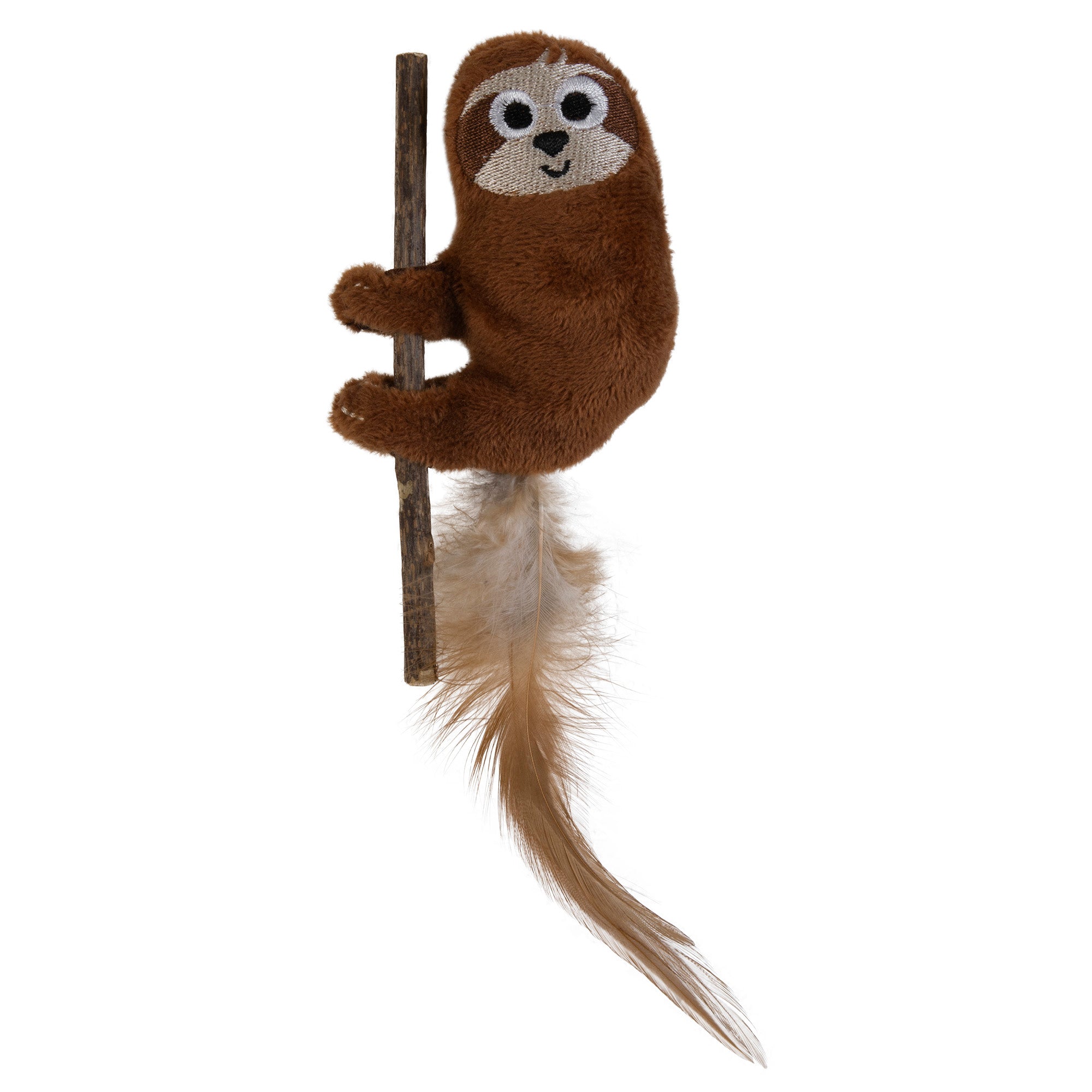 The Mad Cat Refillable Sloth Catnip Toy features a smiling, wide-eyed plush sloth with a fluffy tail clinging to a stick. Infused with premium catnip, its perfect for stimulating indoor cats exercise and fun.