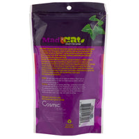 The image shows the back of a vibrant purple and pink pet package labeled Mad Cat 100% Natural Cat Nip 0.5 oz. Bag, highlighting its premium natural catnip with details on uses, safety, benefits, aromatic quality, and a recycling symbol at the bottom.