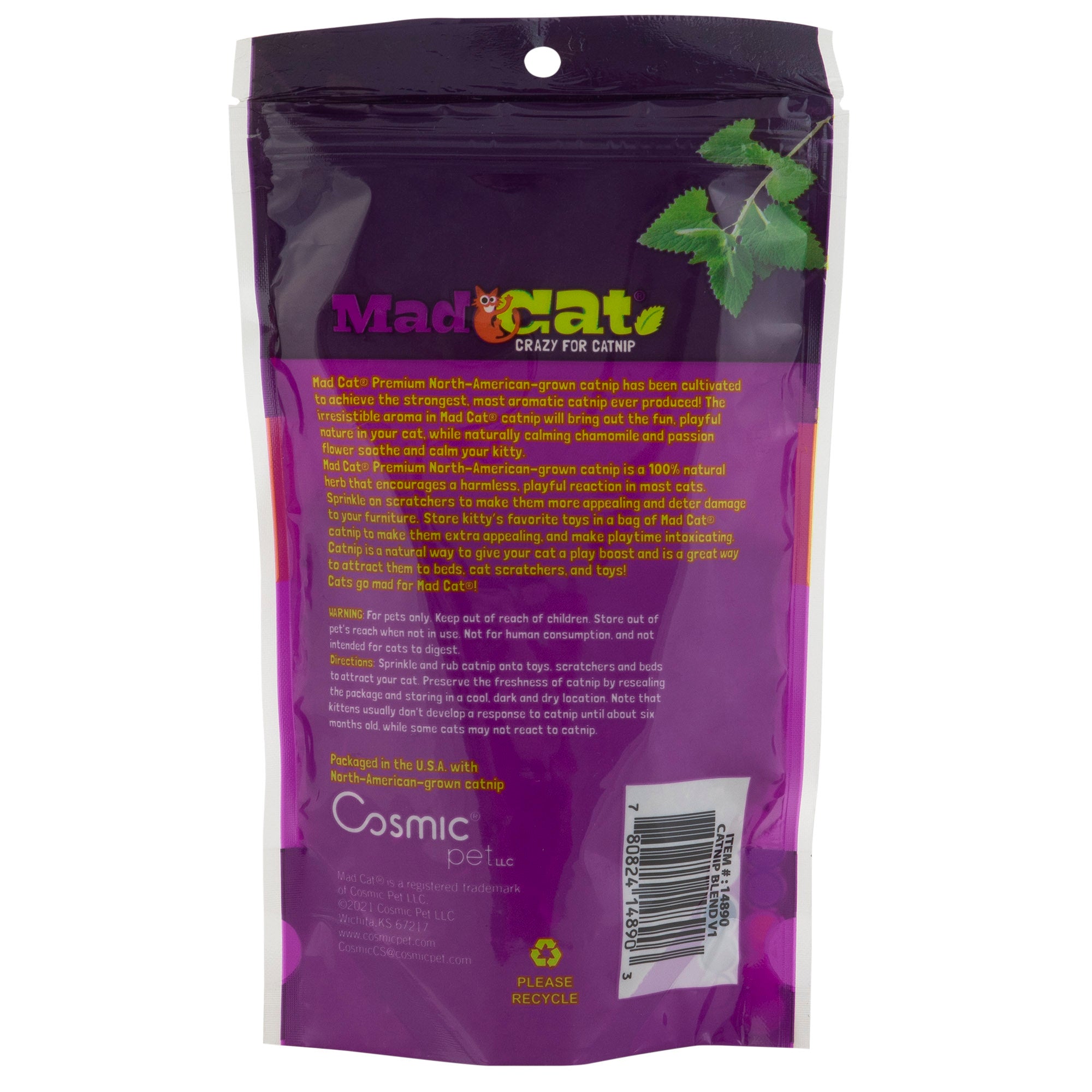 The image shows the back of a vibrant purple and pink pet package labeled Mad Cat 100% Natural Cat Nip 0.5 oz. Bag, highlighting its premium natural catnip with details on uses, safety, benefits, aromatic quality, and a recycling symbol at the bottom.