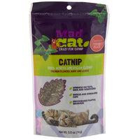 The Mad Cat 100% Natural Cat Nip 0.5 oz. Bag features a playful cat illustration and promotes playful behavior in felines, labeled as 100% North American Catnip.
