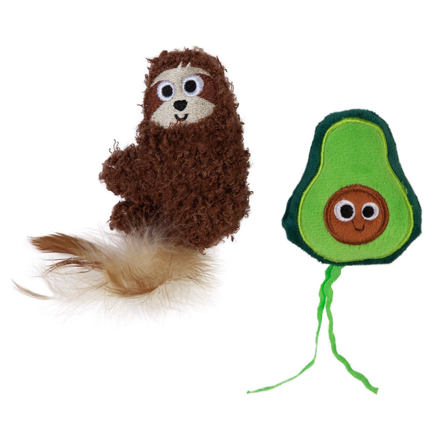 The Mad Cat Sloth A Cado Catnip & Silvervine Cat Toy from Mad Cat features a fluffy brown sloth with a feathery tail next to a plush green avocado toy with a smiling seed. Perfect as cat toys, they offer playful, cartoon-like expressions and are an ideal silvervine catnip alternative.