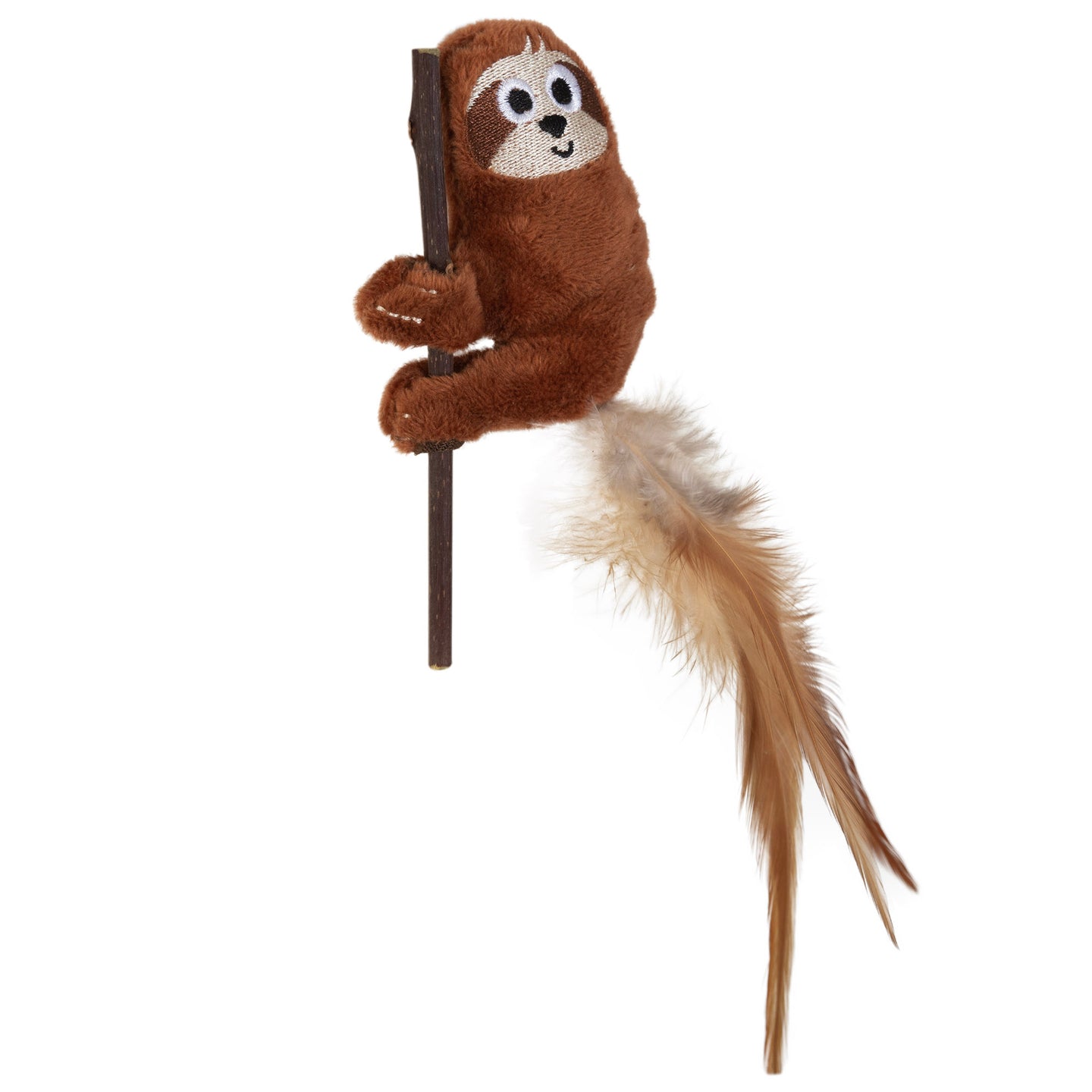 The Mad Cat Sloth With Catnip & Silvervine Cat Toy features a plush sloth-shaped design with a brown furry body, white face, black eyes, and a long feather tail infused with silvervine, mimicking an adorable animal clinging to a stick.