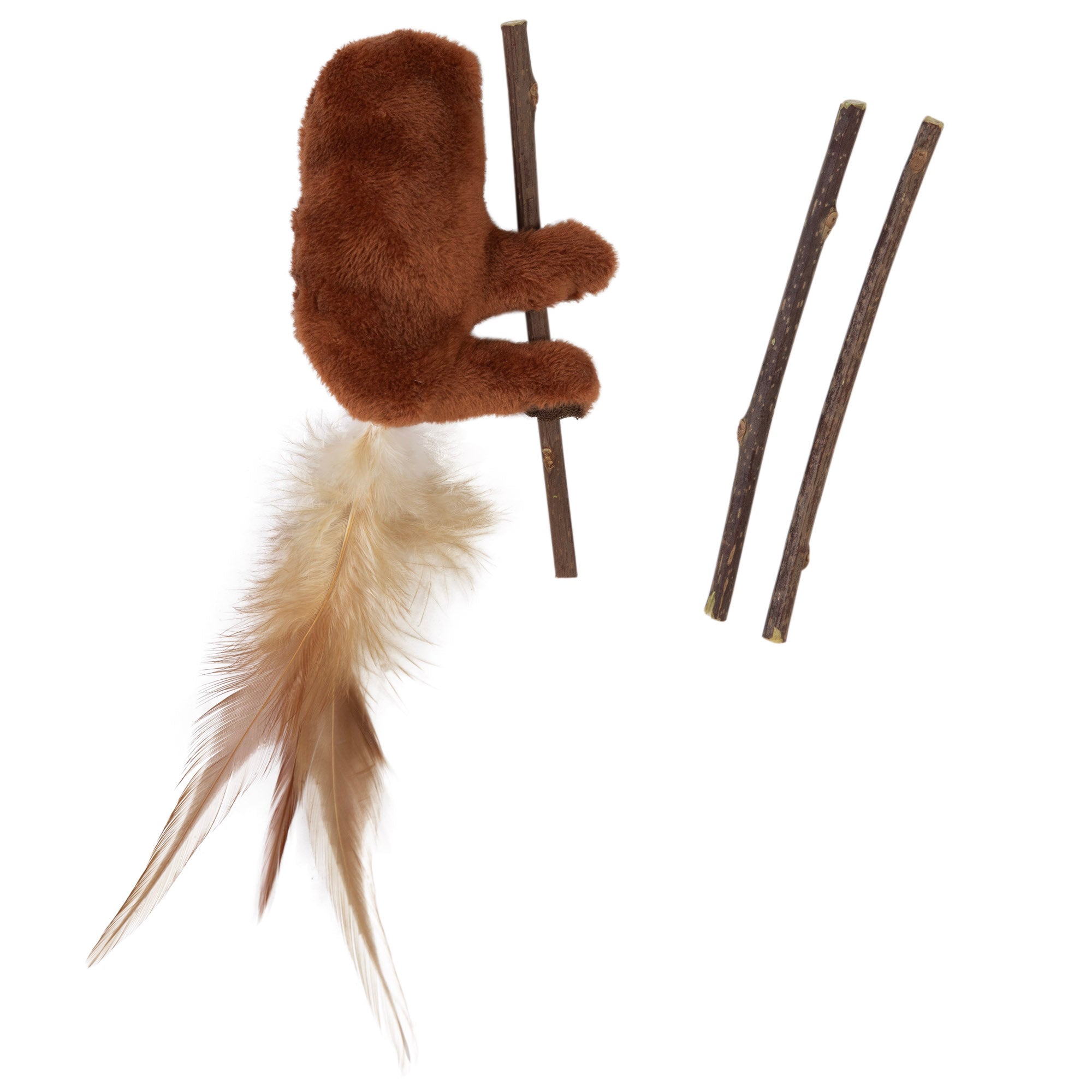 The Mad Cat Sloth With Catnip & Silverine Cat Toy features a plush squirrel holding a branch, ideal for playful cats. Two additional branches nearby on a white background are perfect for hiding treats like catnip or silvervine to entice cats.