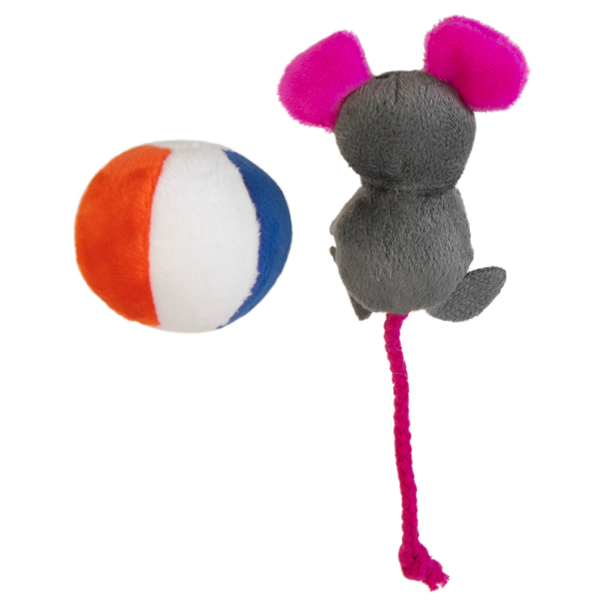 The Mad Cat Beach Babe Mouse, a plush gray toy with bright pink ears and tail and infused with silvervine, sits beside a vibrant striped ball on a plain white background.