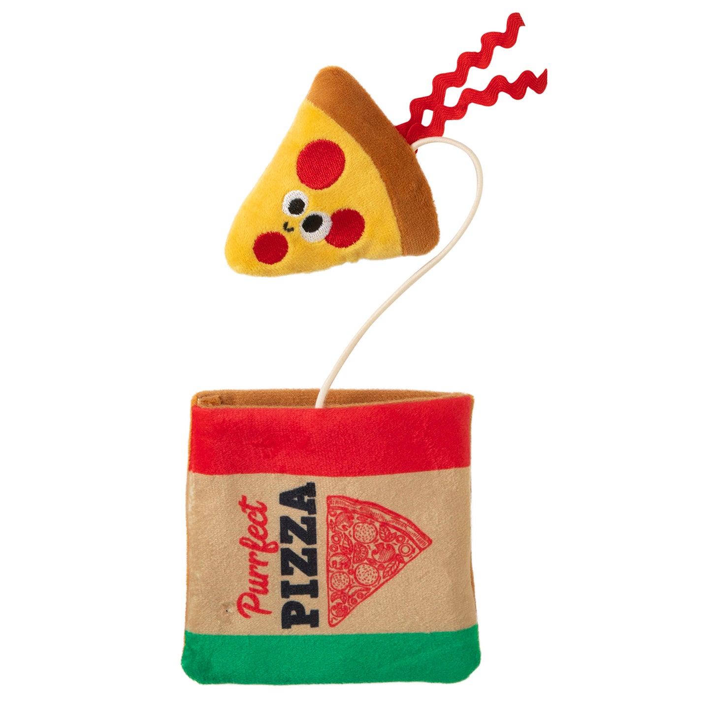 The Mad Cat Purrfect Pizza includes a plush pizza toy with a smiling face and pepperoni, attached by a string to a pizza box-like pouch. Its infused with North American catnip, featuring red, brown, and green colors for endless feline fun.