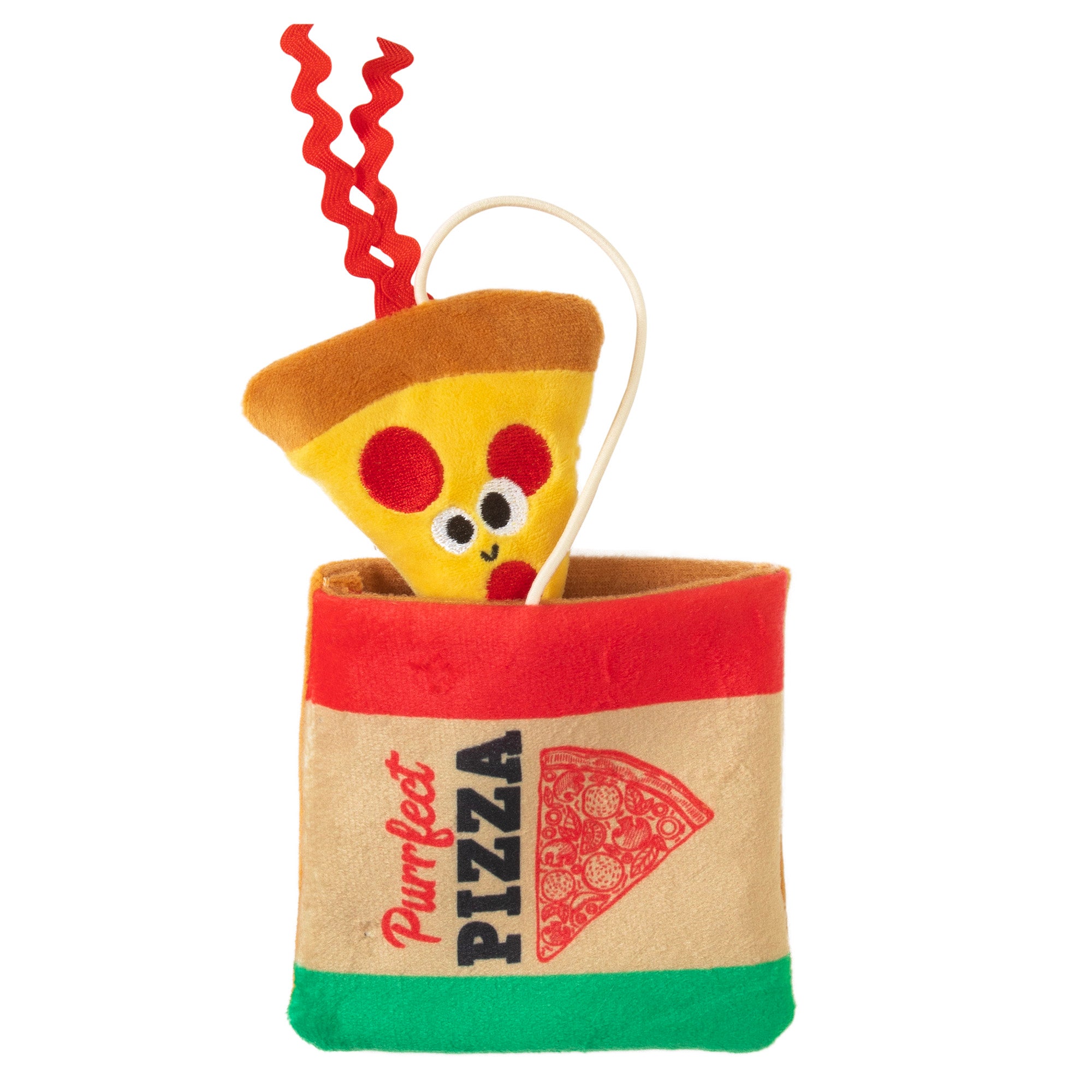 The Mad Cat Purrfect Pizza plush puzzle toy, shaped like a smiling pizza slice with red spots, fits snugly into a soft brown pouch, trimmed in red and green, featuring Purrfect Pizza and a pizza graphic—perfect for cats who enjoy Silvervine or North American catnip.
