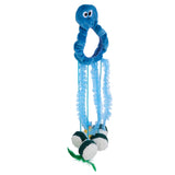 The Mad Cat Sushi Time Doorknob Toy is a blue octopus-shaped cat toy with a stuffed head, ruffled ring body, and long wavy fabric tentacles infused with silvervine. Each tentacle ends in a black and white plush ball topped by a small green feather for your cats enjoyment.