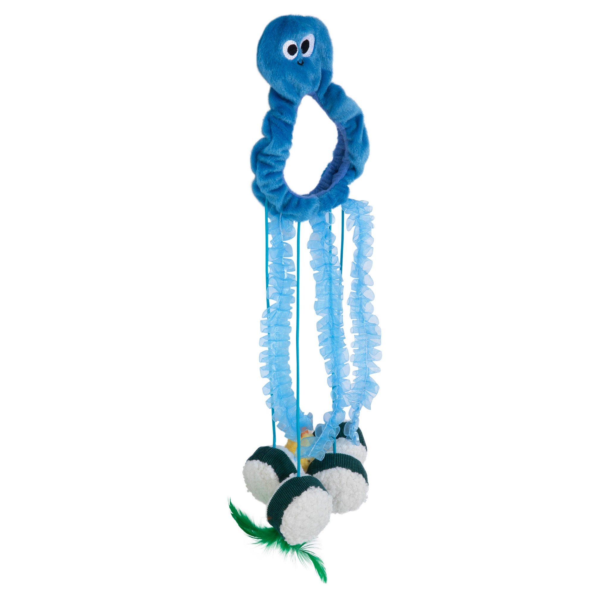 The Mad Cat Sushi Time Doorknob Toy is a blue octopus-shaped cat toy with a stuffed head, ruffled ring body, and long wavy fabric tentacles infused with silvervine. Each tentacle ends in a black and white plush ball topped by a small green feather for your cats enjoyment.