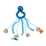 The Mad Cat Sushi Time Doorknob Toy is a blue octopus-shaped cat toy featuring a round head, six wavy legs ending in sushi roll designs with colorful patterns and felt toppings. Some legs include feathers and are silvervine-infused. The toy has googly eyes and a smiling face for extra playtime fun.