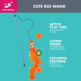 The Quirky Kitty Cute Koi Wand cat toy offers a blue wand with a string attached to an orange koi plush. Ideal for interactive play, it includes catnip and colorful feathers to keep your cat entertained and active.