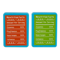The two vibrant Mad Cat Purr Scout Cookies Batty Boxes cards resemble playful cookie boxes with blue borders—one orange, one green. They both boast 100% Zoomies, Playfulness, Nose boops, Cuteness. Ideal for a Mad Cat®s catnip-fueled adventures!.