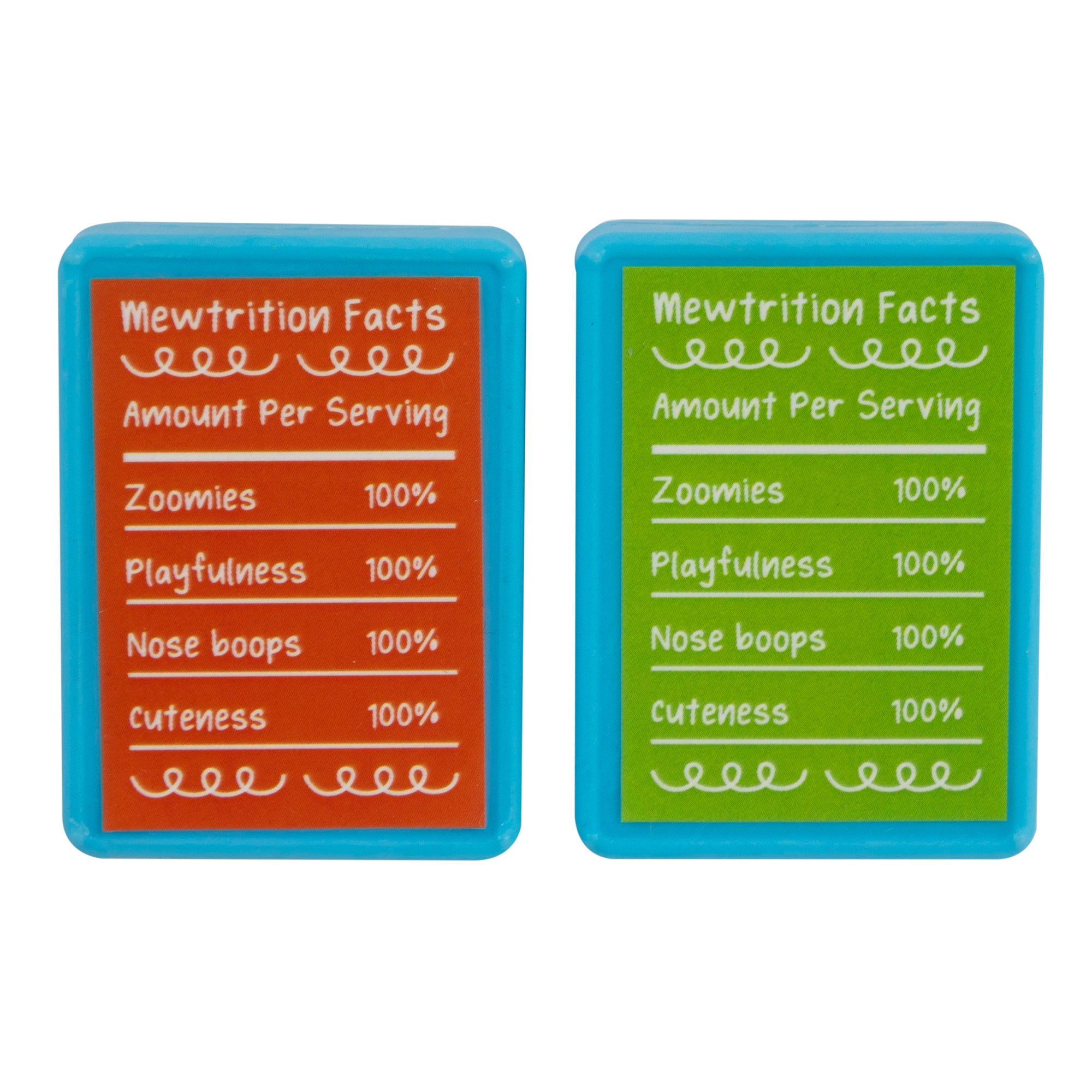 The two vibrant Mad Cat Purr Scout Cookies Batty Boxes cards resemble playful cookie boxes with blue borders—one orange, one green. They both boast 100% Zoomies, Playfulness, Nose boops, Cuteness. Ideal for a Mad Cat®s catnip-fueled adventures!.