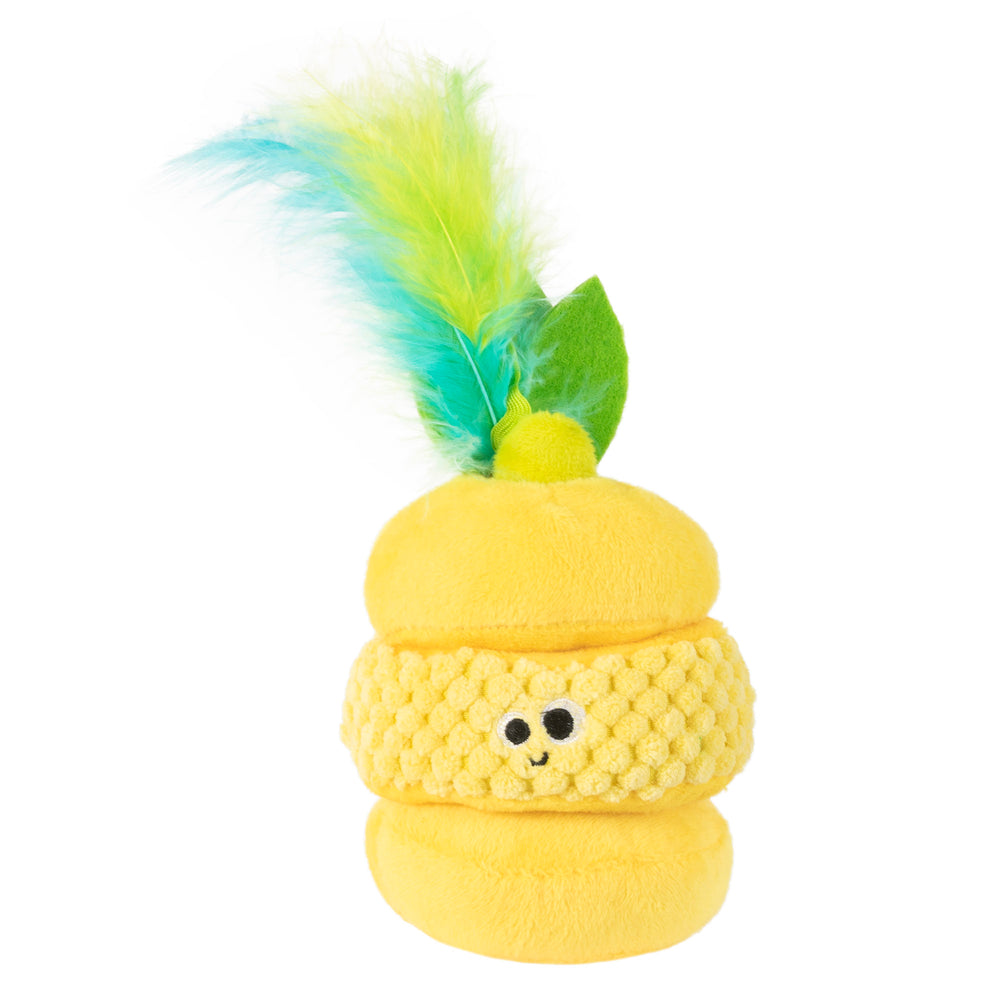 The Mad Cat Pouncin Pineapple Stacker Puzzle is a playful yellow lemon-shaped toy with a smiley face, perfect as a cat toy. It has a textured middle, infused with catnip, and features green and blue feathers topped with an added small green leaf for extra charm.