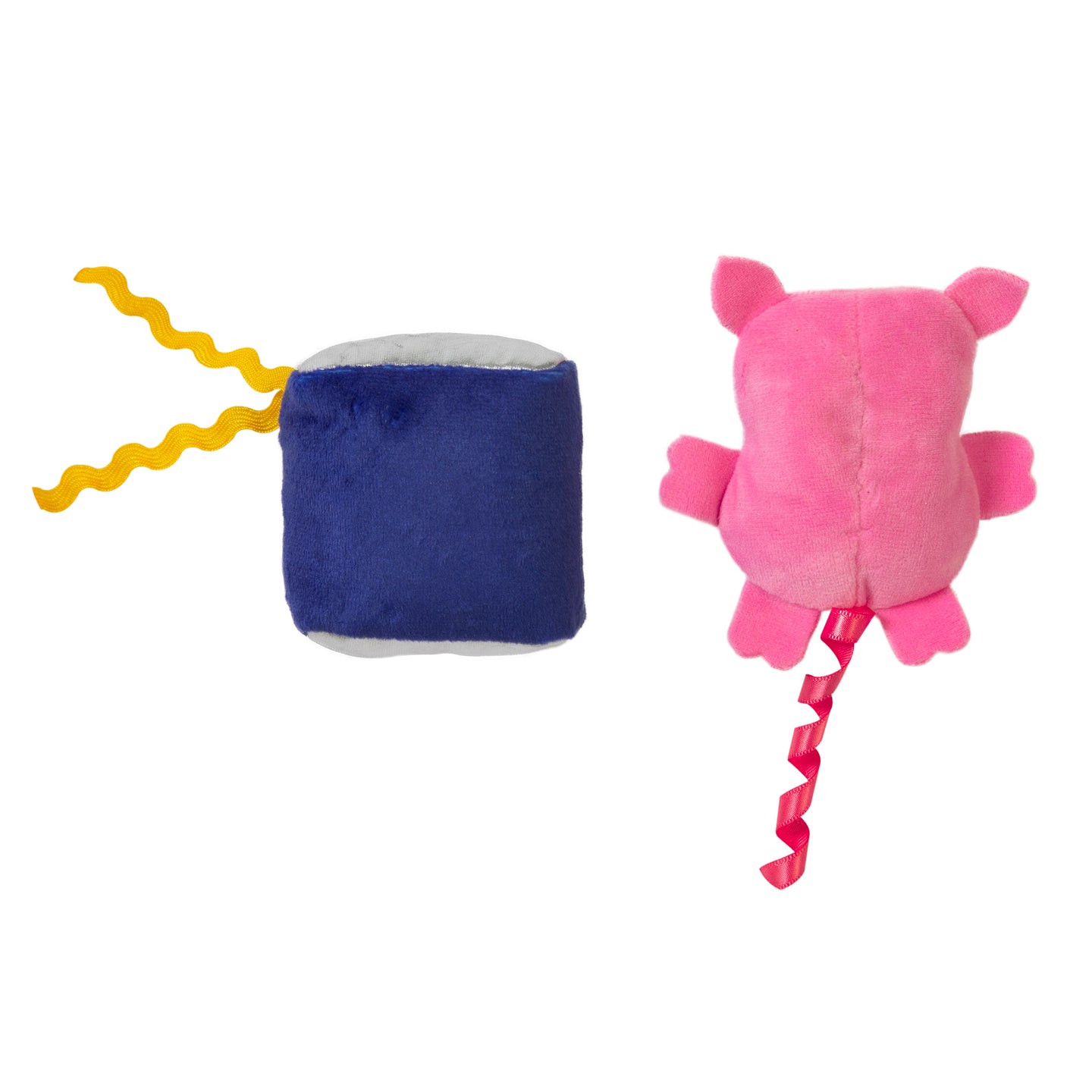 Two plush cat toys are shown: a blue rectangular one with yellow ribbon accents on the left, and Mad Cat Canned Ham, a pink pig-shaped toy with a curly tail on the right. Both are infused with silvervine, an appealing alternative to catnip for entertaining your pet.