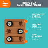 The Quirky Kitty Sushi Bento Box Puzzle Cat Toy by Quirky Kitty is an engaging brown puzzle toy with three compartments, each holding a sushi-shaped piece, designed to boost your cats cognitive skills with playful bat pieces for treats and slow feeding fun.