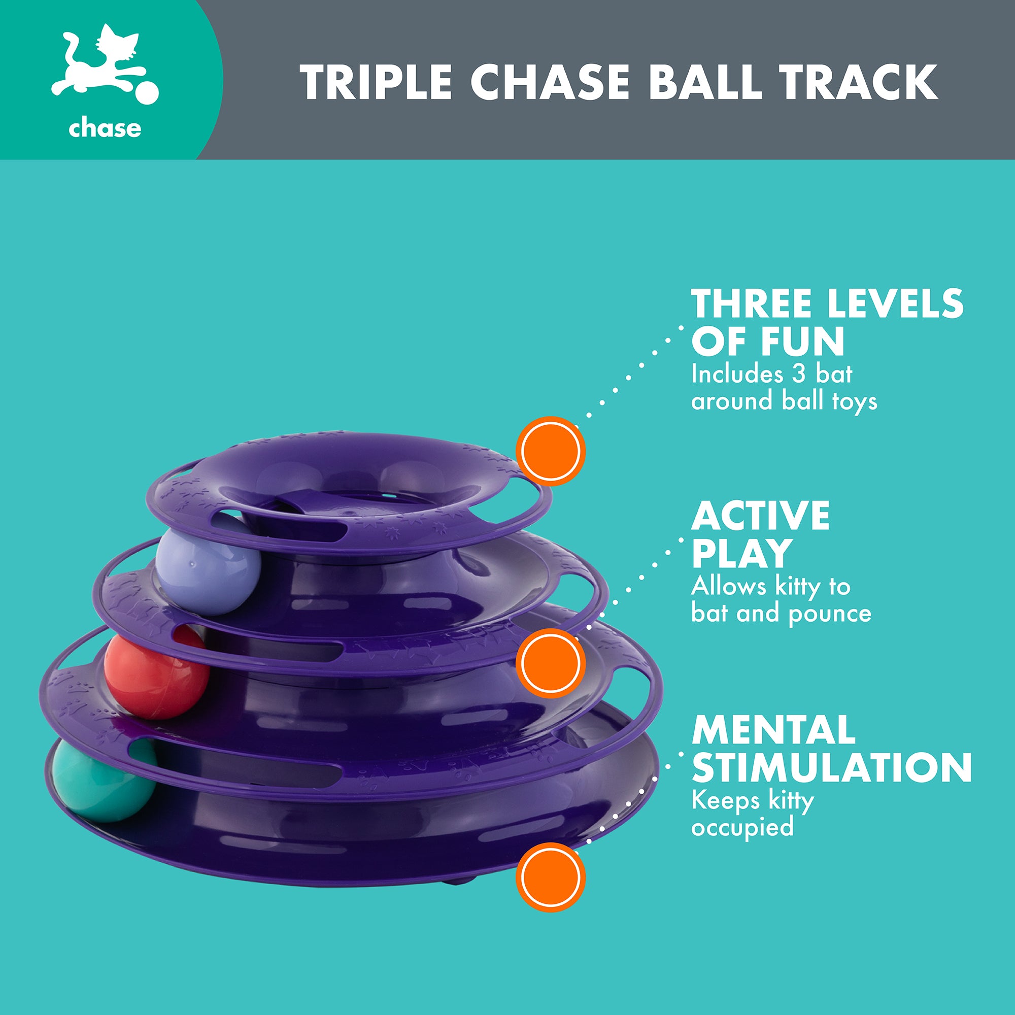 The Quirky Kitty Three Layer Ball Track Cat Toy in purple, featuring vibrant balls, promises Three levels of fun, Active play, and Mental stimulation. Ideal for interactive play, it sports the Quirky Kitty logo with a cat silhouette in the upper left corner.