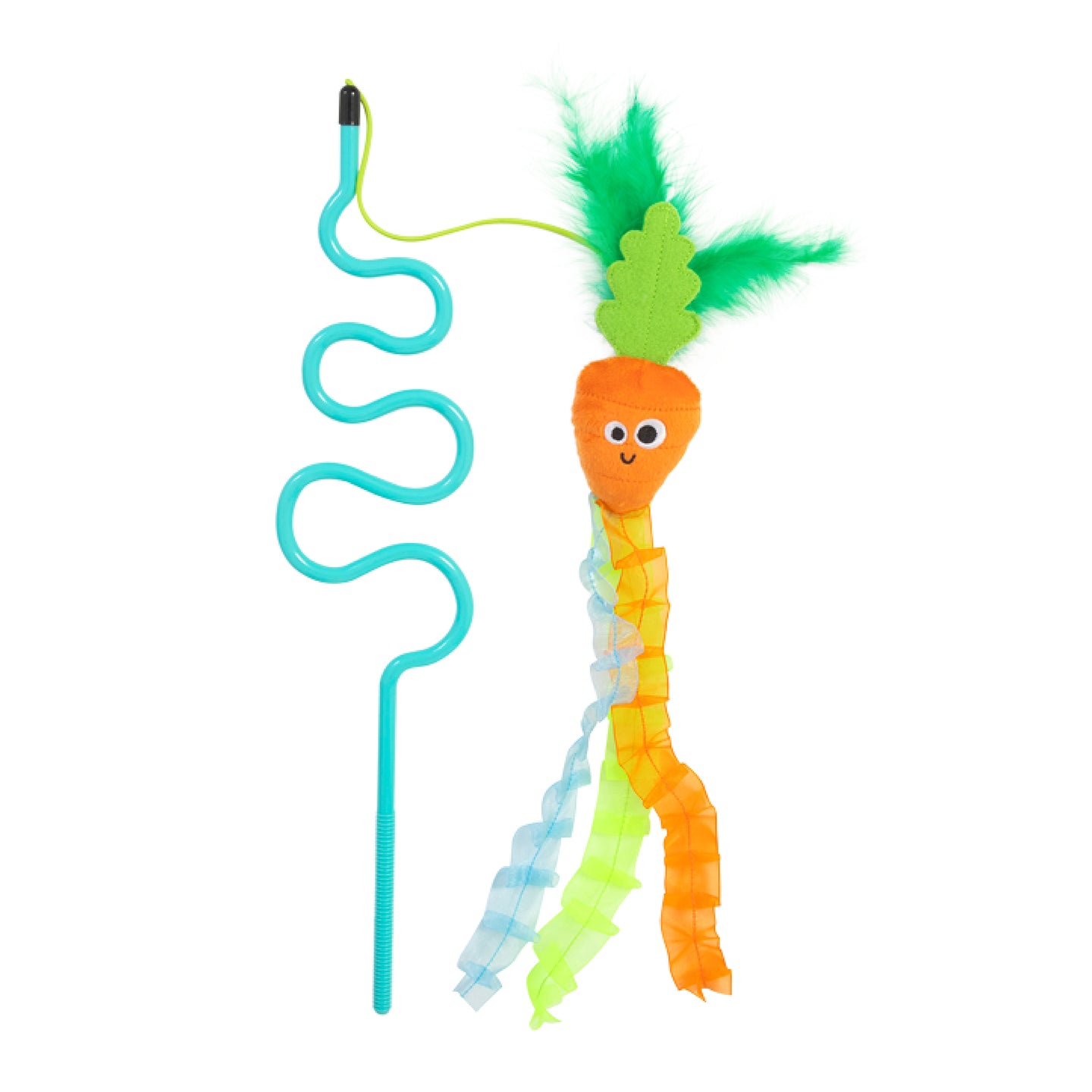 Introducing the Mad Cat Cute Carrot Ribbon Wand: a wavy, turquoise wand featuring an adorable orange carrot with googly eyes, topped with bright green feathers and adorned with colorful ribbons. Enhanced by a Silvernip blend to entice playful interaction from your feline friend.