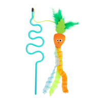 Introducing the Mad Cat Cute Carrot Ribbon Wand: a wavy, turquoise wand featuring an adorable orange carrot with googly eyes, topped with bright green feathers and adorned with colorful ribbons. Enhanced by a Silvernip blend to entice playful interaction from your feline friend.