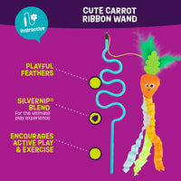 The Mad Cat Cute Carrot Ribbon Wand toy features a carrot adorned with colorful ribbons and feathers. Highlights include the SilverNip Blend for ultimate play and encourages active play and exercise, enhanced with enticing cat attractants for endless fun.