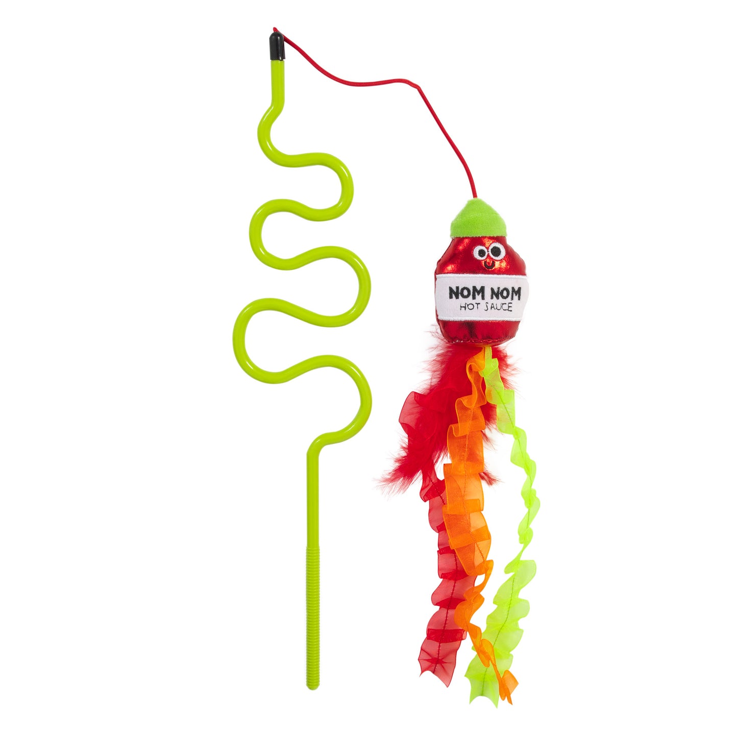 The Mad Cat Nom Nom Hot Sauce Ribbon Wand features a lime-green wand with a red plush labeled Nom Nom Hot Sauce, detailed with googly eyes, multi-colored ribbons, and feathers. It includes silvervine for added feline excitement.