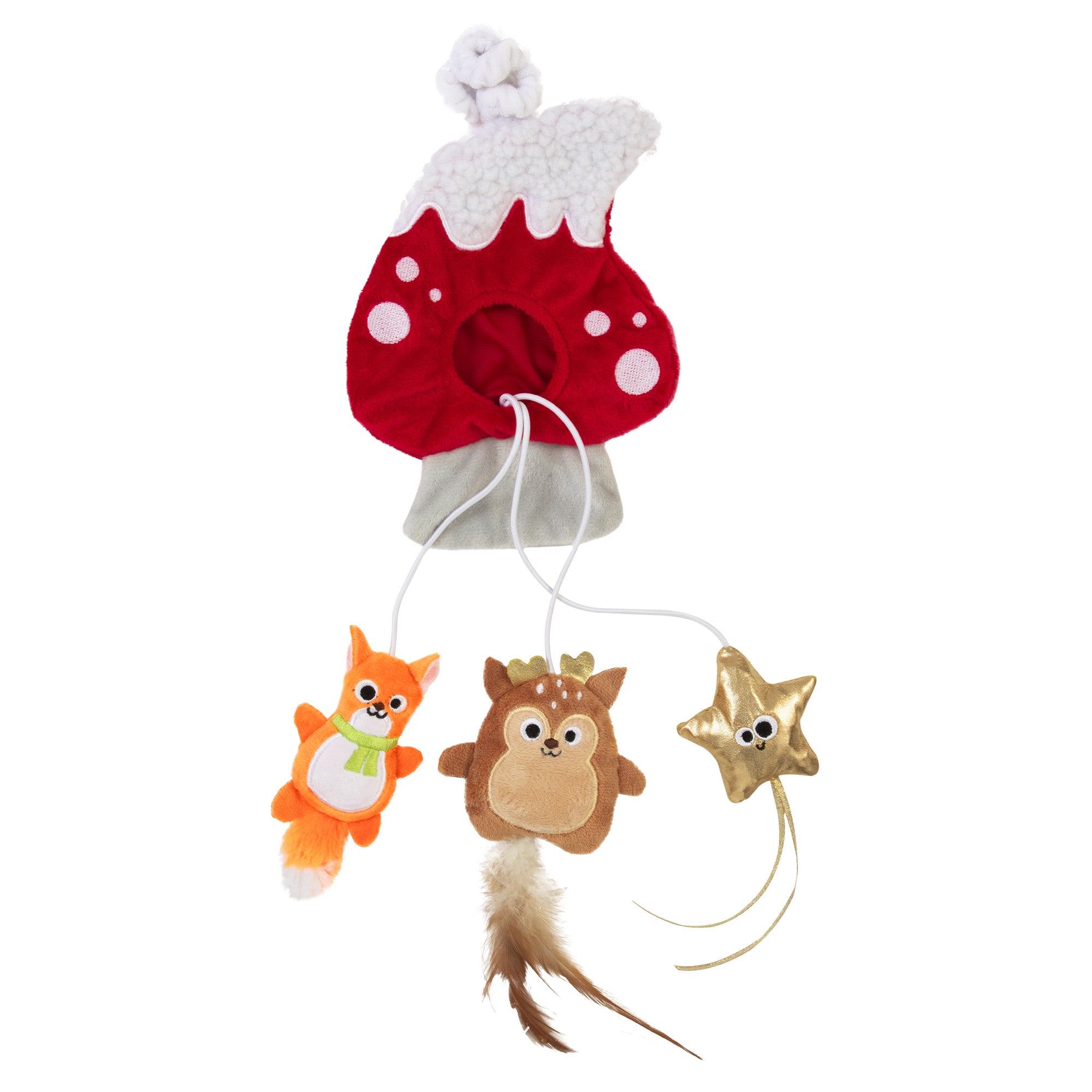 The Mad Cat Winter Woodland Doorknob Cat Toy, part of the Jolly 3 Pack, boasts a red and white Christmas stocking with three delightful toys: an orange fox in a green scarf, a brown reindeer with antlers, and a gold star with ribbon and bells—ideal for festive charm!.