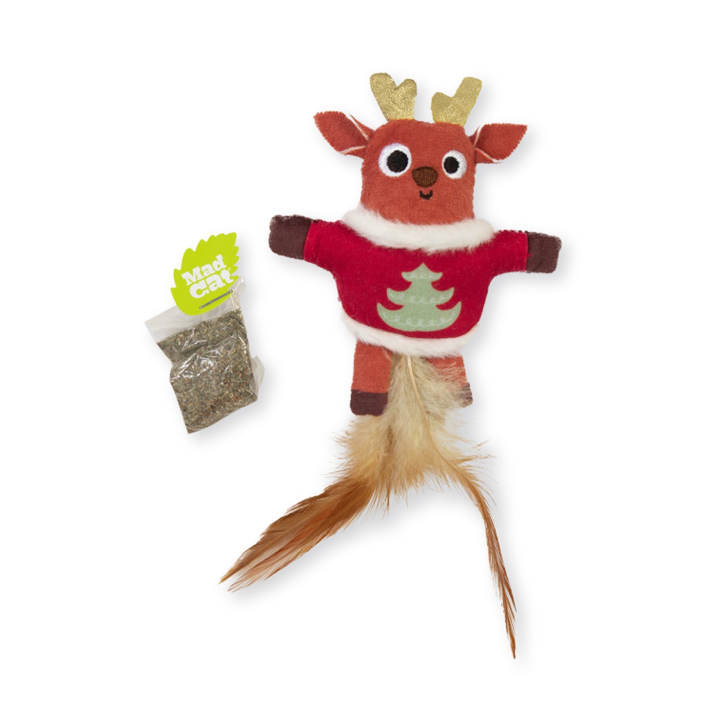 The Mad Cat Ugly Sweater Stuffer Reindeer cat toy features antlers, an ugly red sweater with a green tree, a feathered tail, and includes a small Mad Cat bag likely filled with catnip.