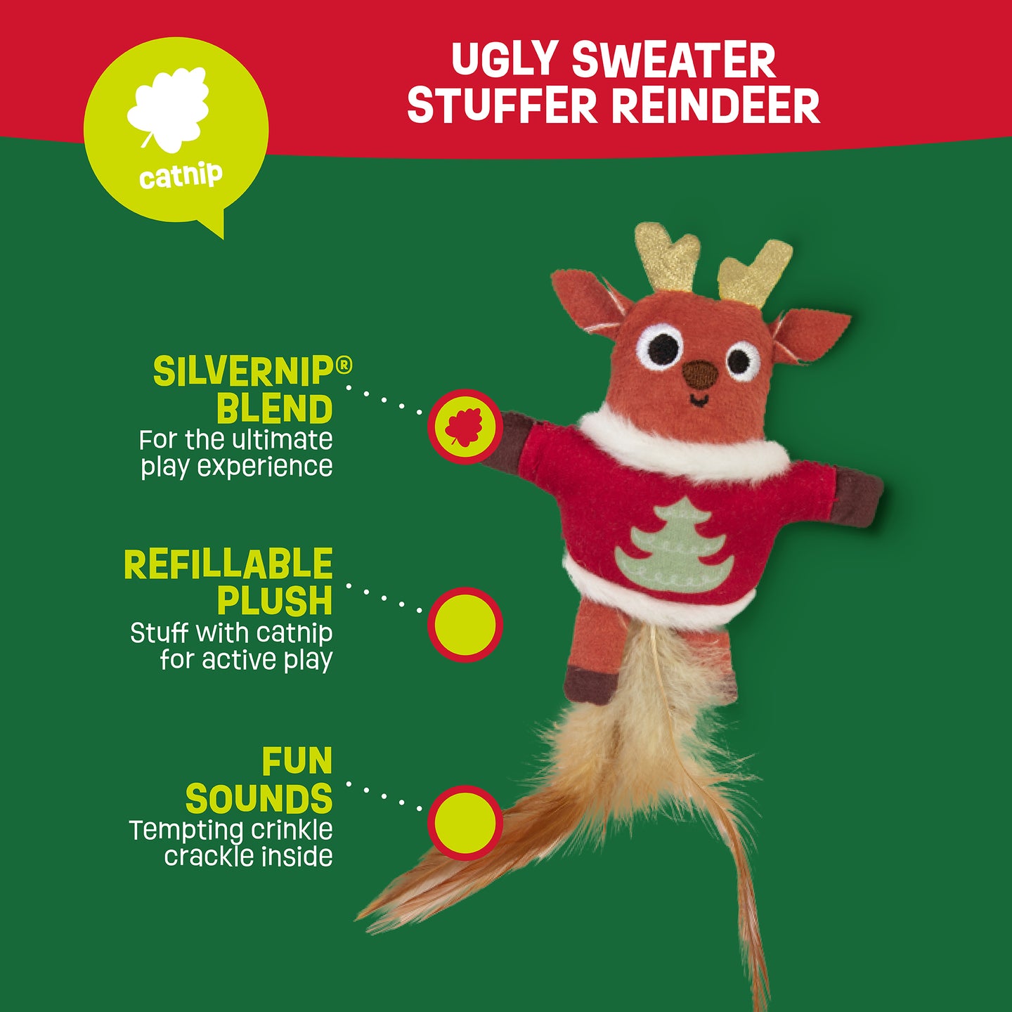 Acquaint your feline with the Mad Cat Ugly Sweater Stuffer Reindeer toy, featuring a refillable Silvernip blend, antlers, a plush long feathery tail, and engaging sounds on a festive green and red background.