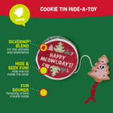 The Mad Cat Holiday Cookie Tin Hide A Toy is ideal for festive fun, featuring the SilverNip® Blend and offering Hide & Seek Fun along with crinkle sound effects. Its round Happy Meowlidays! design adorned with a pink Christmas tree face adds holiday magic!.